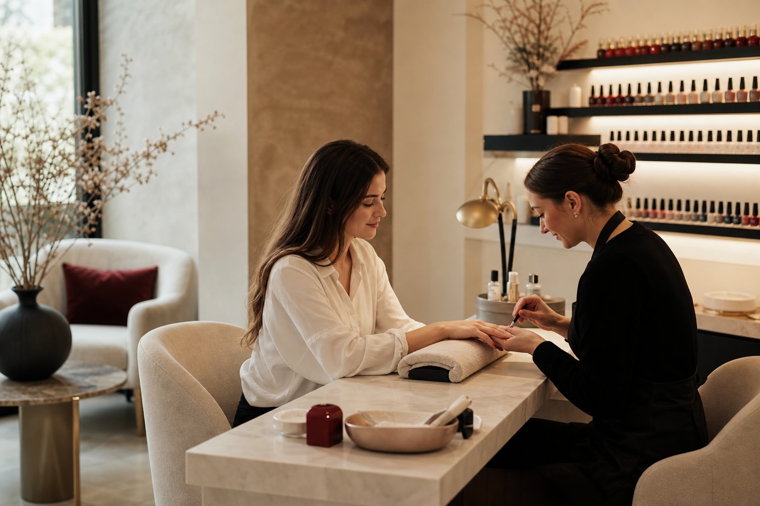 Klijentkinja i nail tehničarka tokom manikira u toplom, elegantnom beauty studiju