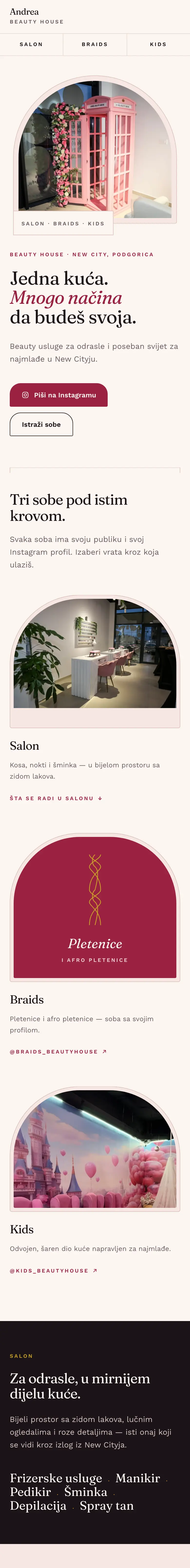 Andrea Beauty House — početne stranice sajta na telefonu