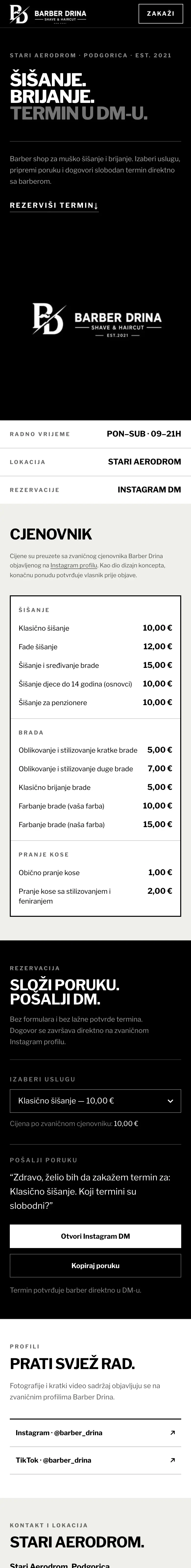 Barber Drina — početne stranice sajta na telefonu