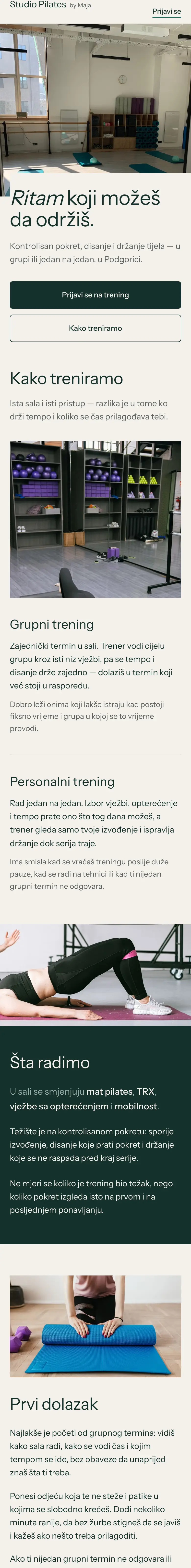 Studio Pilates by Maja — početne stranice sajta na telefonu