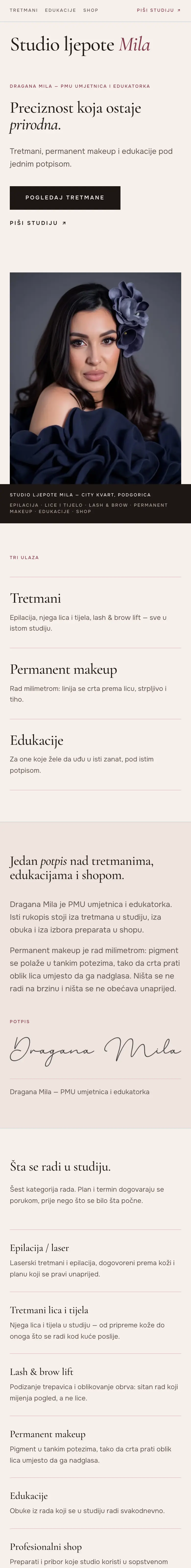 Studio ljepote Mila — početne stranice sajta na telefonu