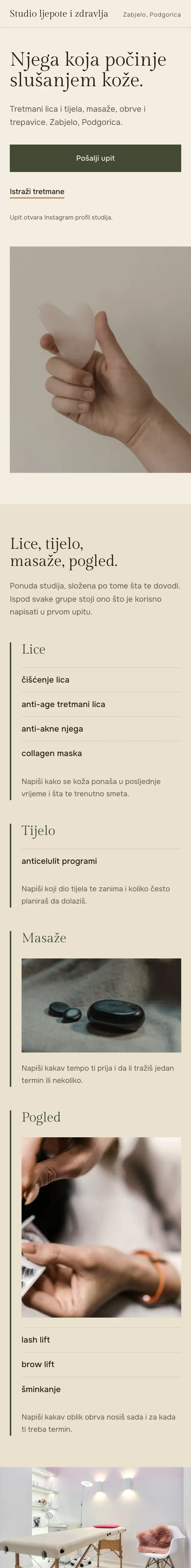 Studio ljepote i zdravlja — početne stranice sajta na telefonu