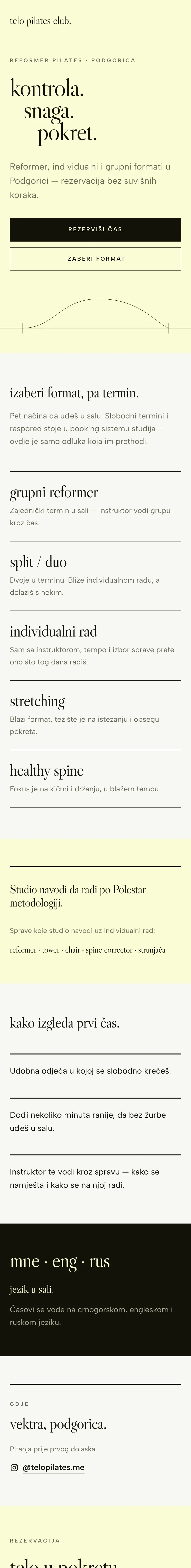 Telo Pilates Club — početne stranice sajta na telefonu