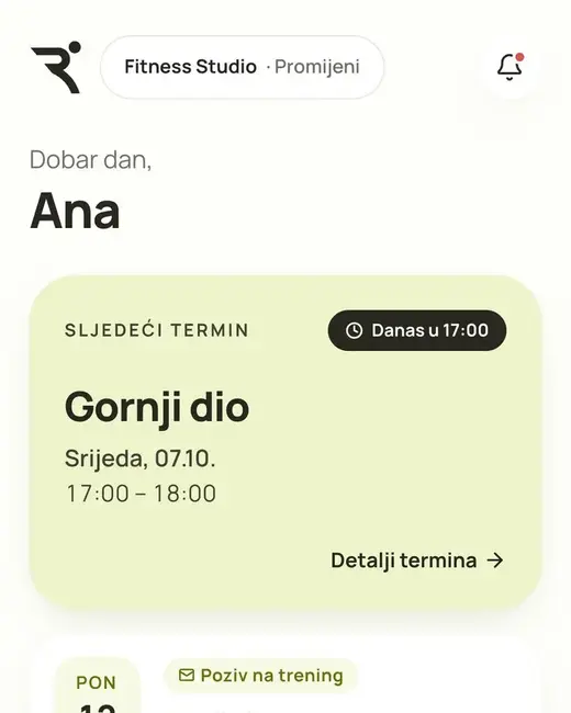 Reform Fitness — početne stranice sajta na telefonu