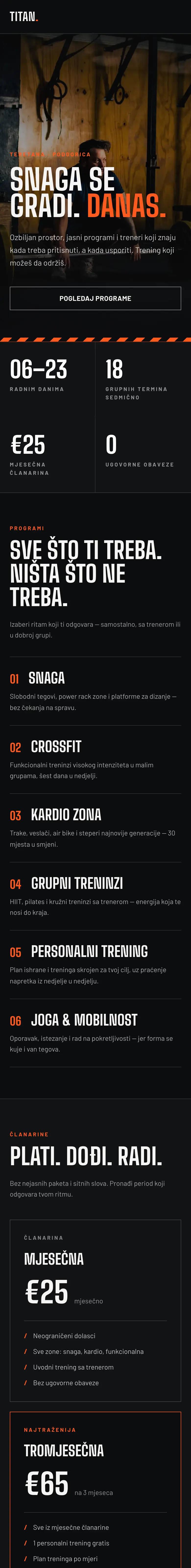 Titan Gym — početne stranice sajta na telefonu